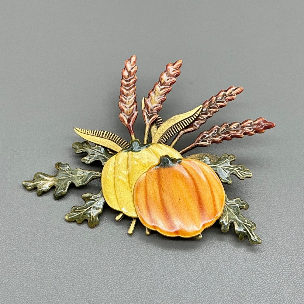 Pumpkin Brooch Women Orange Yellow Wheat Harvest Autumn Fall Enamel Pin Jewelry